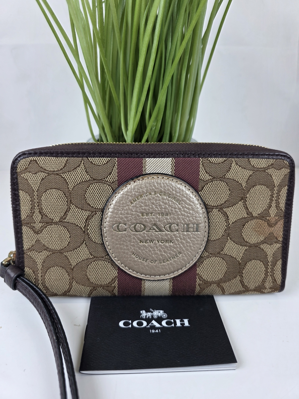 COACH Signature Zip Wallet in Brown with Maroon Stripe